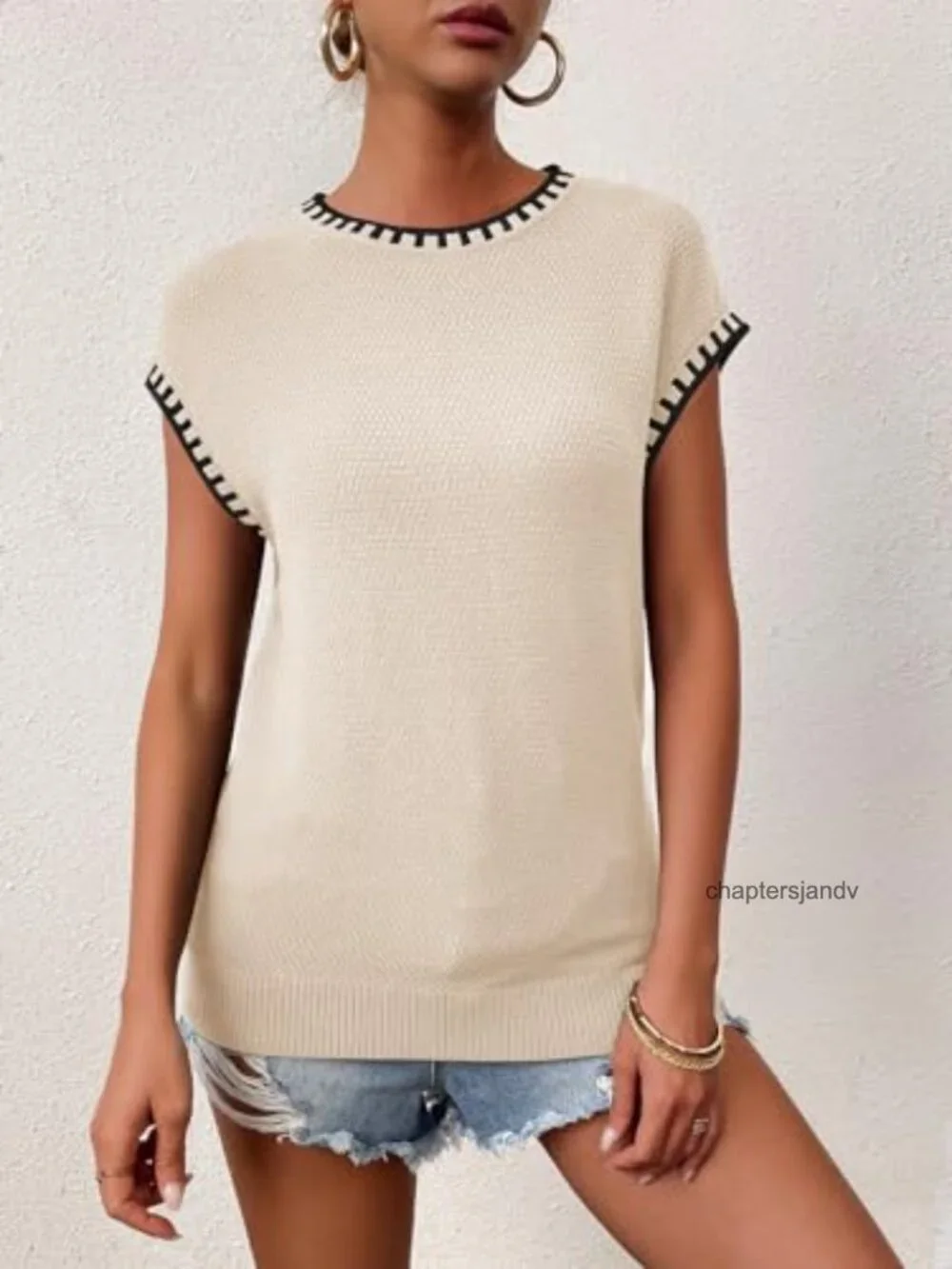 Cap Sleeve Knit Sweater Vest Women Loose Fit Tank Top Crew Neck